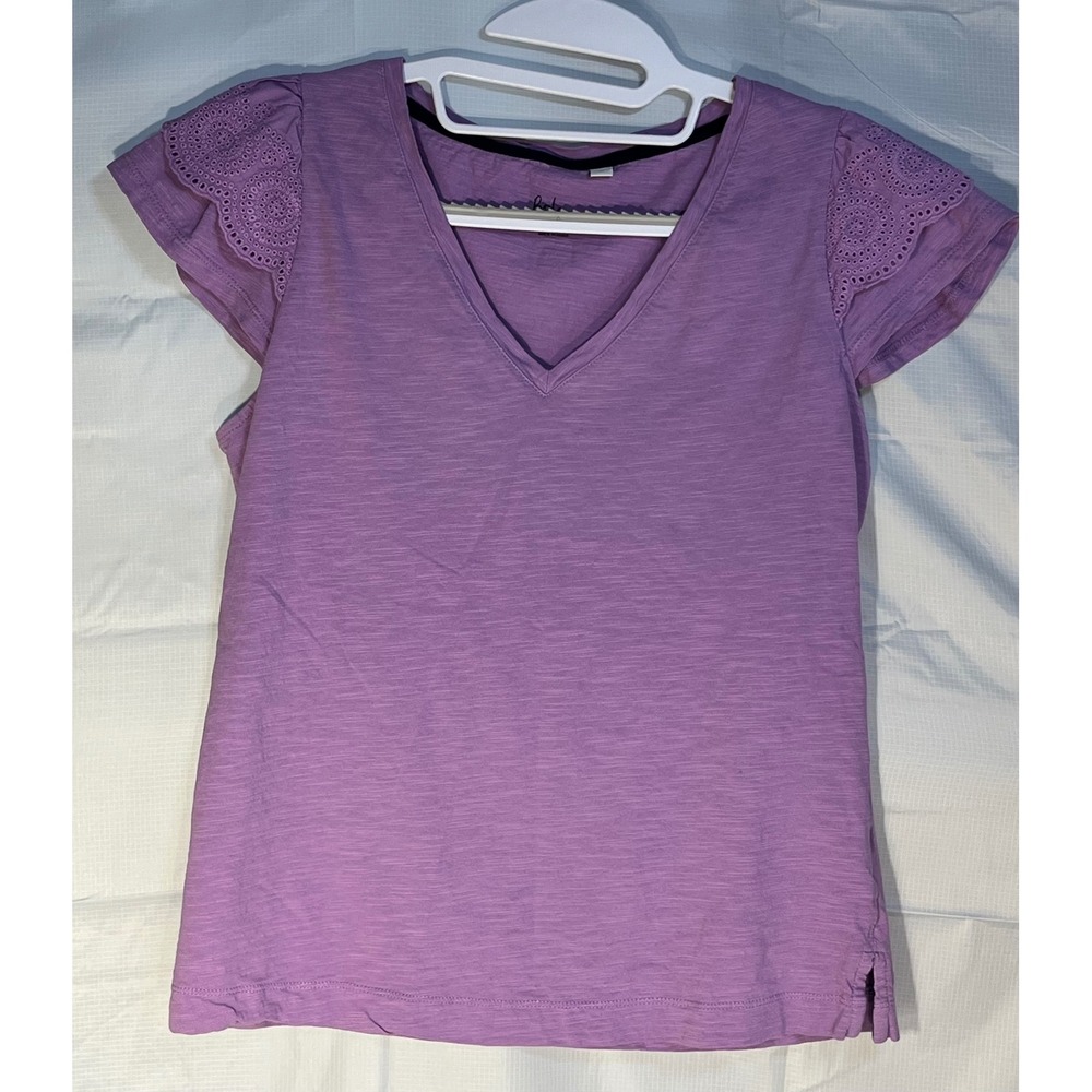 Boden T0922 Lavender Purple Eyelet Flutter Sleeve Slub Cotton V-Neck Tee M